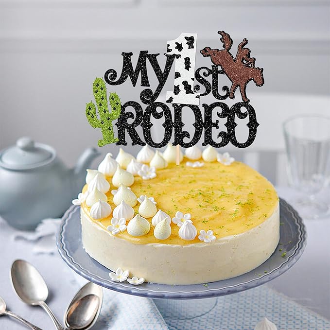 1 PCS My 1st Rodeo Cake Topper Brown Glitter Cactus First Birthday Cake Pick Decoration for Western Little Cowboy Theme Baby Shower Kids 1st Birthday Party Cake Decorations Supplies