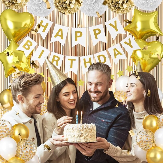White & Gold Birthday Decorations - Happy Birthday Banner, Fringe Curtain, Tissue Paper, Pompoms, Star Garland, Confetti & Balloons