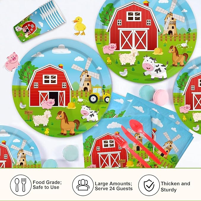 150 Pcs Farm Animal Birthday Party Decorations Farm Plates Tableware Barnyard Farm Birthday Party Supplies Serves 25 Farm Themed Cups, Farm Animal Napkins Red Knife/Fork/Spoon