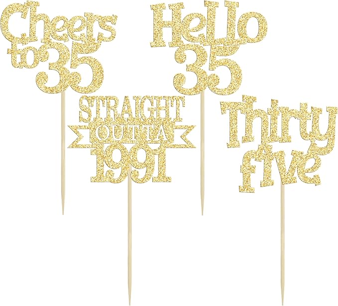 Ephlyn 24Pcs Happy 35th Birthday Cupcake Toppers Gold Thirty Five Cupcake Picks Hello 35 Cheers to 35 Years Birthday Cake Decorations for 35th Birthday Anniversary Party Decor Supplies