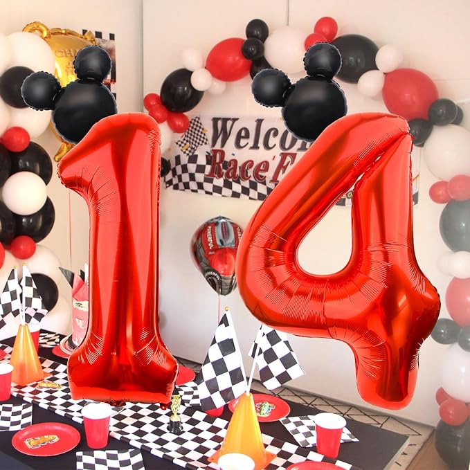 Mouse Number 4 Balloon 40 Inch Red Number 4 Balloon Mini Mouse Head Balloon for 4th Birthday Party, Black Red Large Number 4 Foil Balloon for Baby Shower Anniversary Supplies Decorations