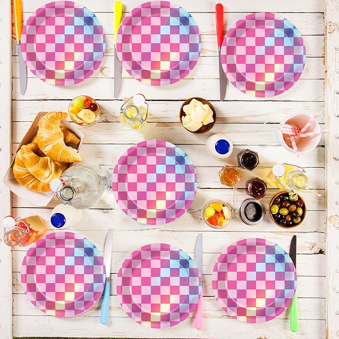 50PCS Pink and Iridescent Checkered Party Plates for Iridescent Party Decorations 7 Inches Laser Round Paper Plates Foil Dessert Plate for Girl Birthday Wedding Baby Shower Parties Supplies