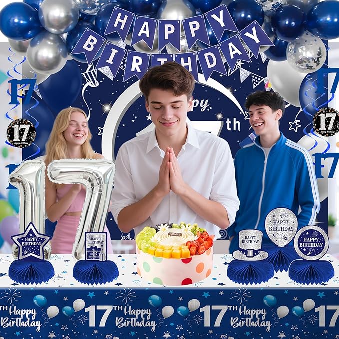 17th Birthday Decorations for Boys Girls, 54 PCS Happy 17 Balloon Numbers Set for Boys, Blue 17 Year Old Birthday Party Supplies with Bday Tablecloth Banner Honeycomb Centerpieces Hanging Swirls