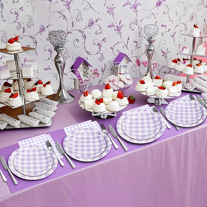 180Pcs Purple Gingham Party Supplies Paper Plates and Napkins Serve 60 Disposable Tableware Set for Birthday Party Decorations Game Day Family Holiday Sports Events