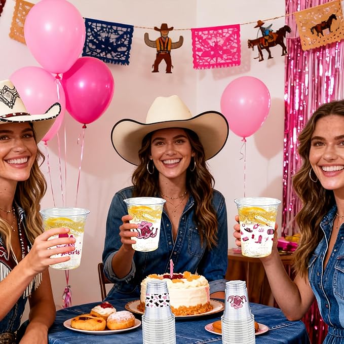 50 Pcs Western Cowgirl Plastic Cups, 12 Oz Pink Disco Cowgirl Plastic Clear Disposable Drinking Cups for Western Party Decoration Cowgirl Birthday Wedding Party Supplies