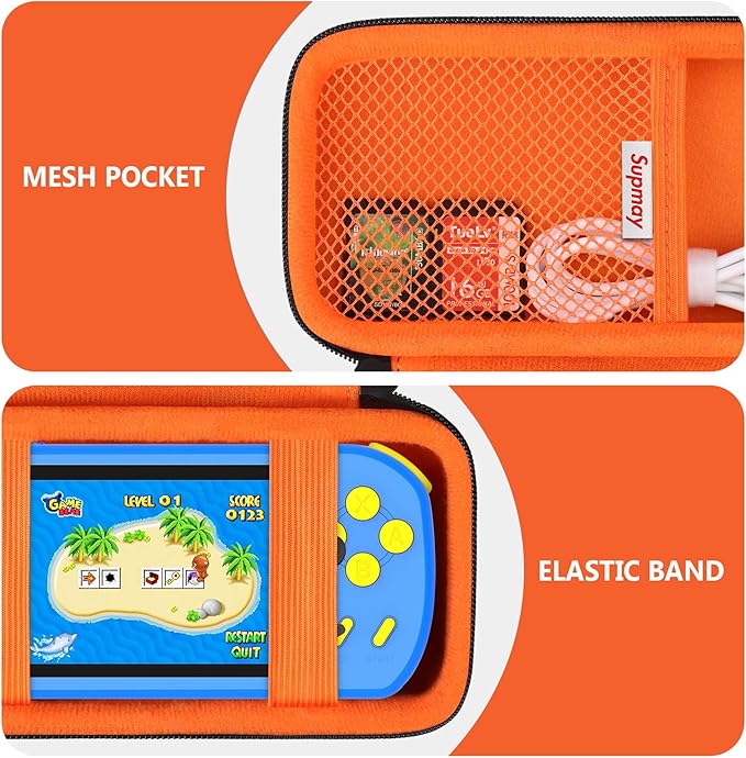 Supmay Carrying Case Compatible with CCTU / TEBIYOU Kids Handheld Games Preloaded 218 Retro Video Games, Portable Gaming Electronic Toys Storage Holder Travel Bag with Mesh Pocket for USB Cable,Orange