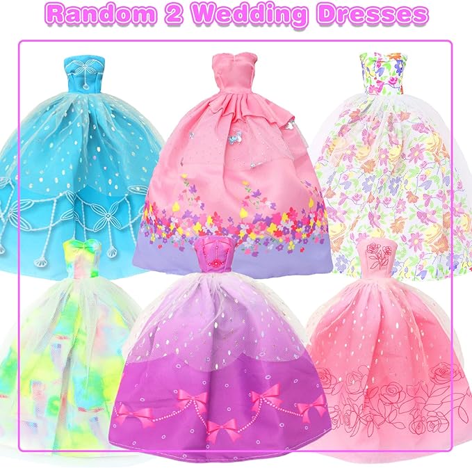 BJDBUS 50 Pcs Doll Clothes and Accessories, 2 Wedding Gowns 4 Fashion Dresses 2 Tops 2 Pants Outfits 2 Swimsuits Bikini 10 Shoes 10 Hangers 17 Accessories Stuffers for 11.5 inch Girl Doll
