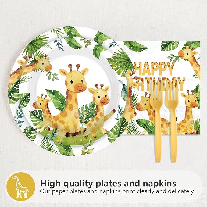 96 Pcs Giraffe Birthday Decorations Jungle Safari Animals Birthday Party Supplies Green Jungle Animal Plates and Napkins for Kids Party Supplies Serves 24
