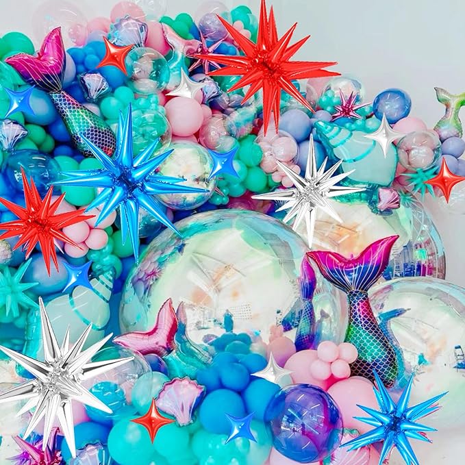 20 Pcs Star Balloons 27”22”Explosion Foil Balloons- Spike Balloon and Four Pointed Star Balloon for Party Supplies 4th of July Decorations Christmas Birthday Wedding Photo Booth (Silver Red Blue)