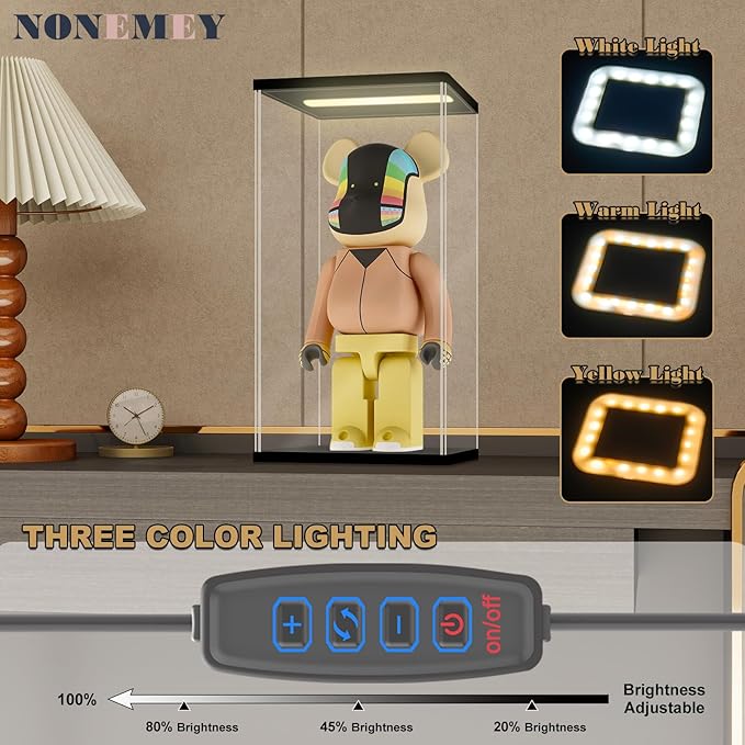 NONEMEY Acrylic Display Case with Led Light for Lego，Assemble Clear Acrylic Display Case Stand Dustproof Protection Showcase Organizer Box for Action Figures(7.8x6x13inch,20x15x33cm)