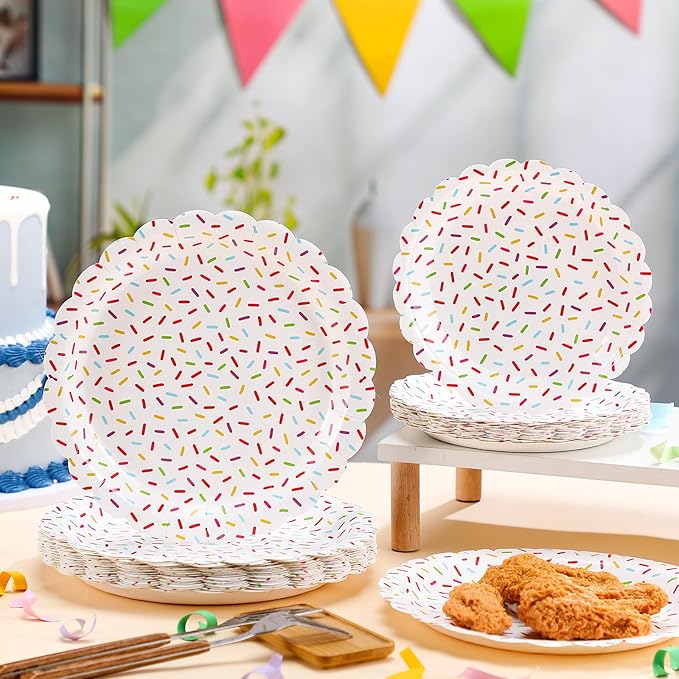Zhehao 48 Pcs 7 Inch and 9 Inch Confetti Sprinkles Dessert Plates Set Sprinkles Paper Plates Decorations for Weddings Birthday Theme Party Supplies(Scalloped)