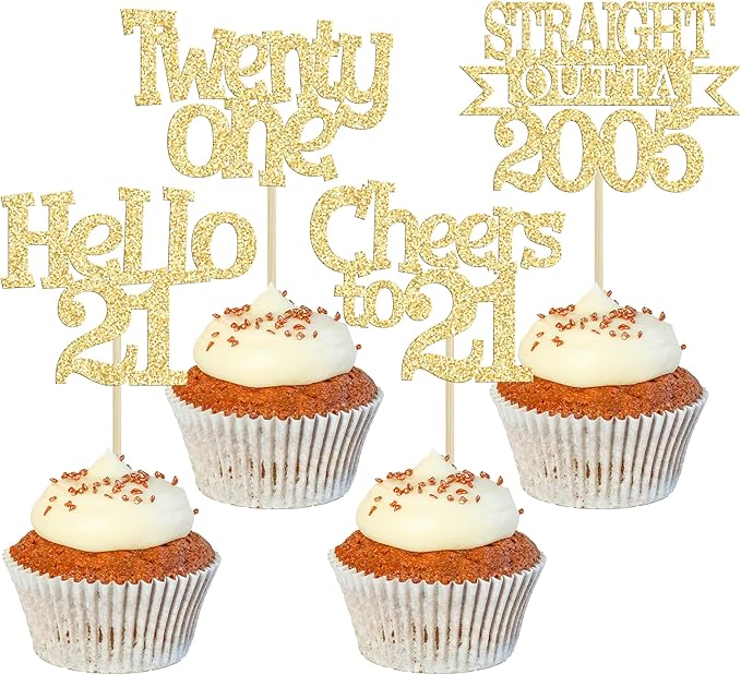 Ephlyn 24Pcs 21st Birthday Cupcake Toppers Glitter Straight Outta 2005 Cupcake Picks Hello 21 Cheers to 21 Years Cake Decorations for 21st Birthday Anniversary Party Decorations Supplies Gold