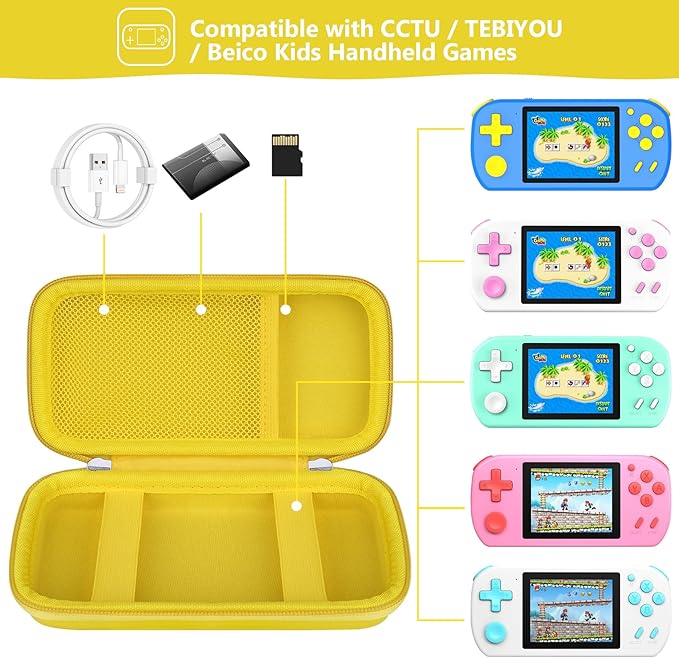 Supmay Carrying Case Compatible with CCTU / TEBIYOU Kids Handheld Games Preloaded 218 Retro Video Games, Portable Gaming Electronic Toys Storage Holder Travel Bag with Mesh Pocket for USB Cable,Yellow