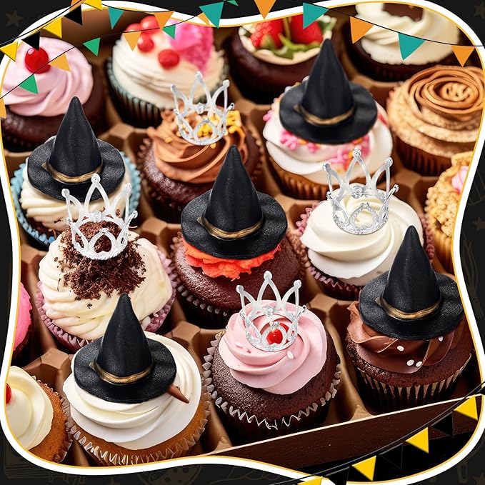 48 Pack Witch Hat and Crown Cake Topper Bad Witch Birthday Party Decorations Mini Wizard Hats Silver Crown Cupcake Toppers Decor Princess Cake Accessories for Birthday Party Supplies Crafts