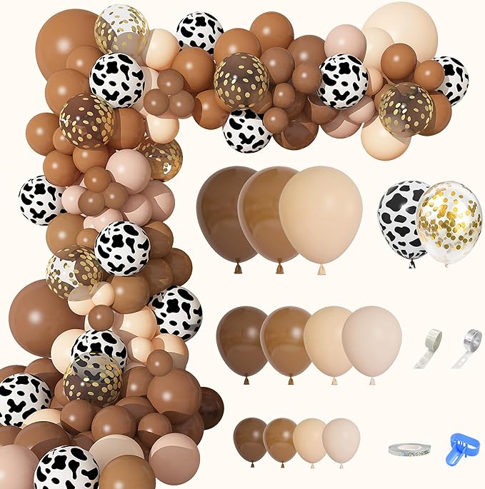 170Pcs CowBoy Balloons Garland Arch Kit, Cow Brown Neutral Blush Confetti Print Balloons for Western Cowboy Cowgirl Farm Animal Themed Baby Shower Bachelor Birthday Party Decorations Supplies