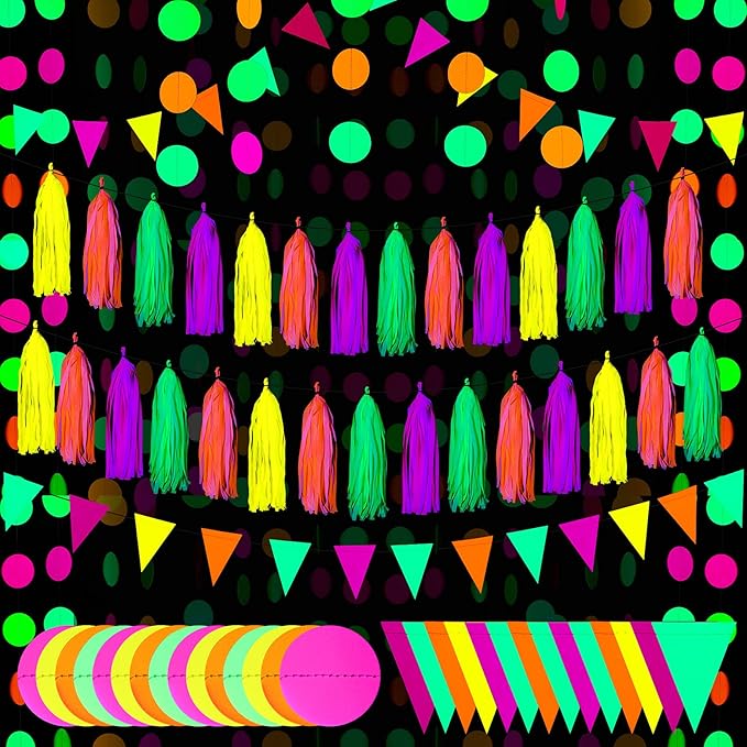 88 Pcs Glow Neon Party Supplies Including Neon Paper Garland 20 Pieces Paper Tassels Garland and Triangle Flags Bunting for Birthday Wedding Black Light Reactive UV Glow Party Decorations