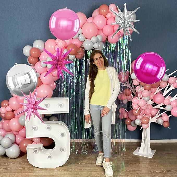 TONIFUL 8Pcs 22Inch Silver Pink Rose Red Large 4D Giant Round Star Balloons Explosion Star Mylar Balloons Set for Christmas New Year Birthday Wedding Bridal Shower Anniversary Photo Booth Supplies