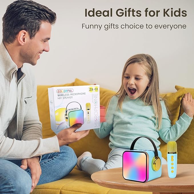 Mini Karaoke Machine for Kids, Portable Bluetooth & Auxiliary Karaoke Speaker with 2 Wireless Microphones, Modern Minimalist Design, Light Show, Blue