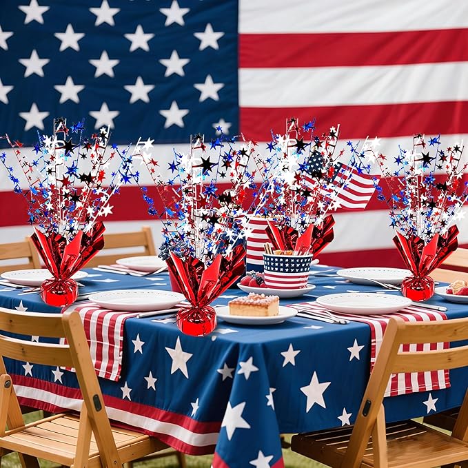 6 Pack 4th of July Table Centerpiece Decoration Metallic Foil Spray Star Burst Patriotic Decoration Independence Day Labor Day Veteran Day Memorial Day Party Supplies, Red White and Blue