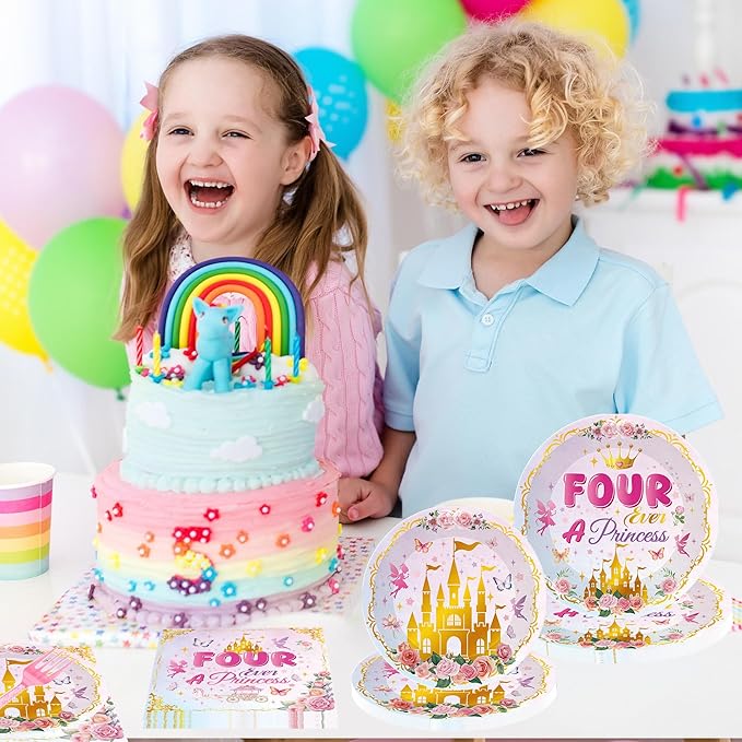 96Pcs Princess Party Plates & Napkins, Four Ever a Princess Birthday Party Tableware Set, Pink Disposable Plates, Forks, 4th Birthday Dinnerware Napkins for 24 Guests