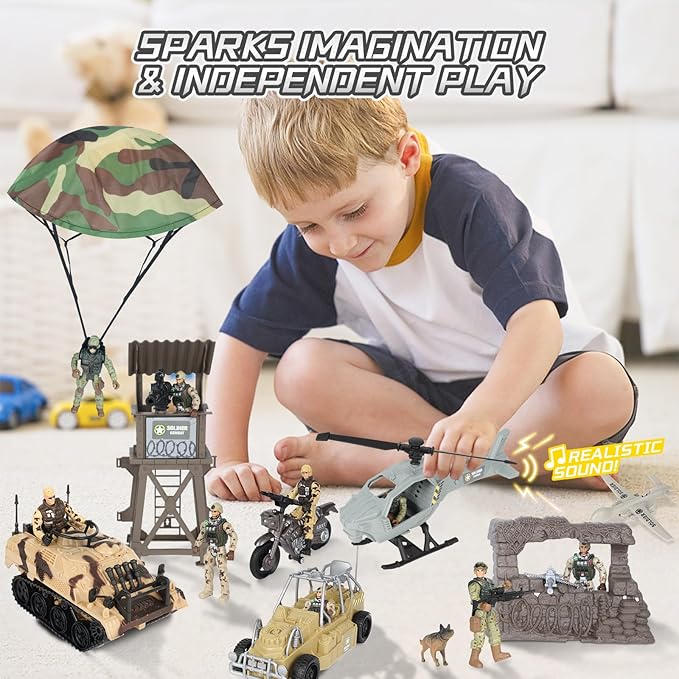 Army Toys, Kids Military Battle Playset with Army Men Action Figures, Army Vehicles, Tank, Truck, Boat, Motorcycle, Helicopter, Soldiers Weapons Accessories, Boys Great Military Gift Toy