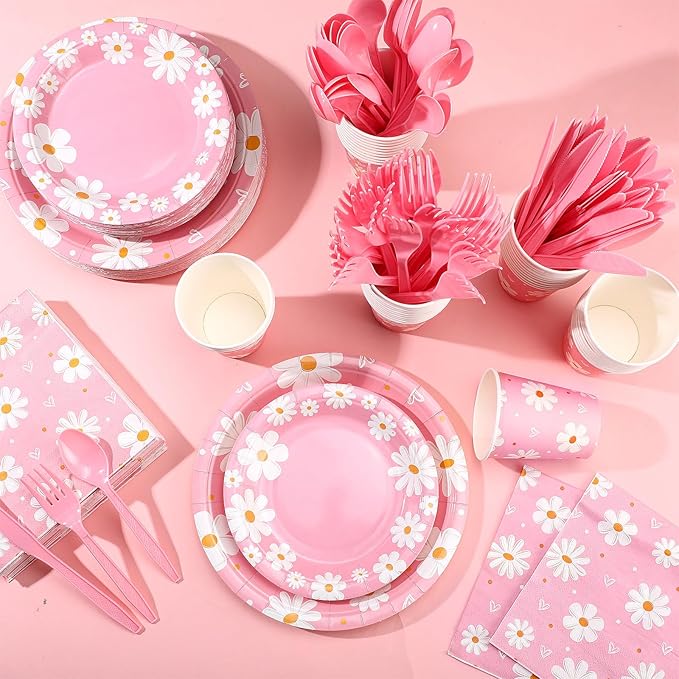 350 Pcs Daisy Party Supplies Tableware Set Disposable 9'' 7'' Paper Plates 9 oz Cups Cutlery Napkins Dinnerware Set for 1st Birthday, Serve 50 (Daisy Birthday, White, Pink)