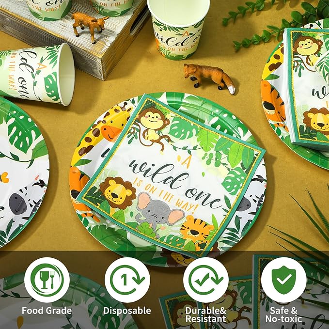 200 Pcs Jungle Safari Baby Shower Paper Plates Napkins Cups Baby Shower Party Supplies Tableware Set Jungle Animal Disposable Cup Napkin for 50 Guest Girls Spring Party Decoration