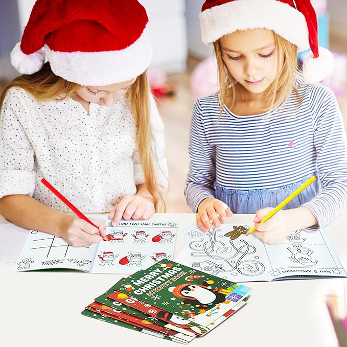 Dvbonike 24Pcs Christmas Activity Books for Kids Bulk Merry Christmas Mini Fun Games Coloring Book Santa Snowman Reindeer Party Favors Goodie Bags Stuffers Birthday Classroom School Rewards Supplies