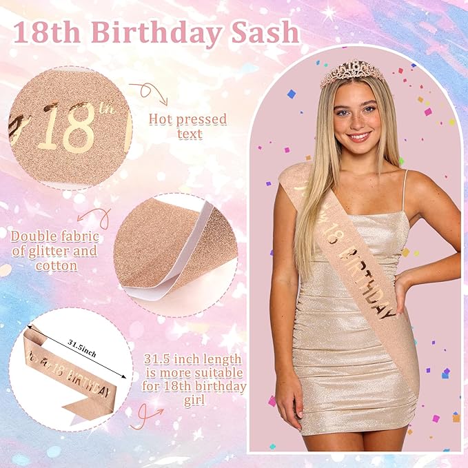 Semato 18th Birthday Decorations for Her Sash and Crown Tiara Kit Rose Gold 18th Birthday Gifts for Girls Party Supplies