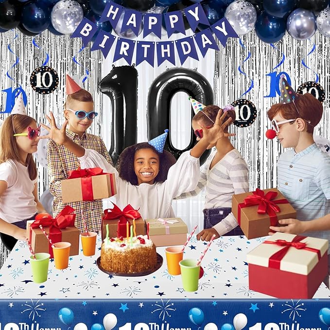 10th Birthday Decorations for Boys and Girls Dark Blue, Double Digits Birthday with HAPPY BIRTHDAY Banner 10 Balloon Number Tablecloth Foil Star Balloons Garland Arch Kit-10 Year Old Party Supplies