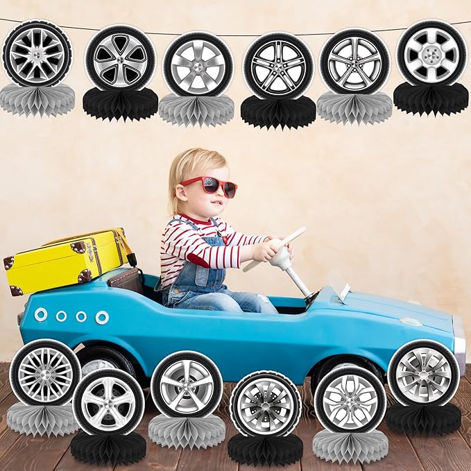 12Pcs Race Car Centerpieces for Tables, Racing Car Birthday Party Decorations Wheel Tire Centerpieces Decor, Double-Sided Tire Decorations for Car Themed Birthday Party Supplies