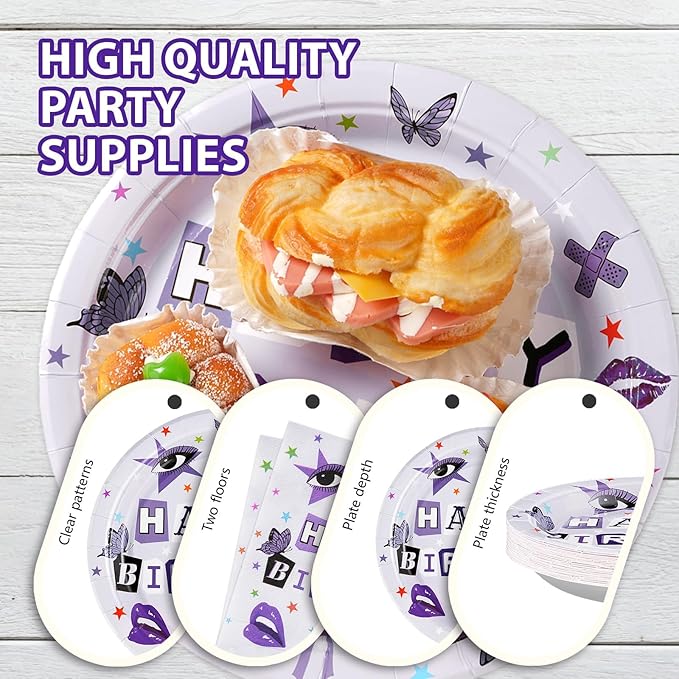 Grencian 96Pcs Purple Music Birthday Party Decorations for Girls Purple Birthday Plates and Napkins Disposable Paper Tableware Set for Vocalist Music Tour Concert Fans Gathering, Serves 24