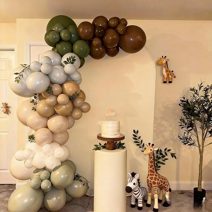 Woodland Balloons, 12 Inch Sage Green Brown and Sand White Balloon Double Stuffed Blue Balloon for Woodland Safari Jungle Forest Wild One Baby Shower Birthday Party Decorations