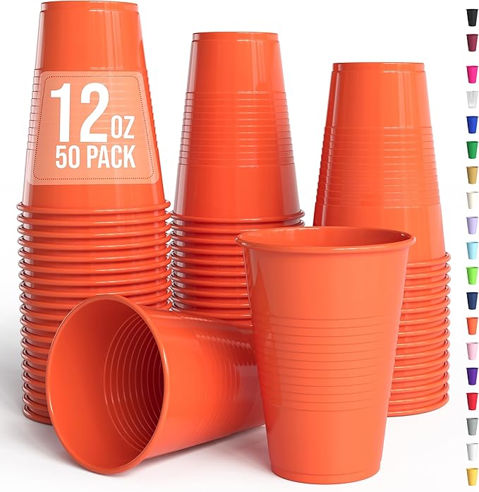 Exquisite Party Solids 12 Oz Orange Plastic Cups For Party Supplies 50 Pack | Orange Disposable Cups Plastic | Disposable Drinkware For Parties, Events & Everyday
