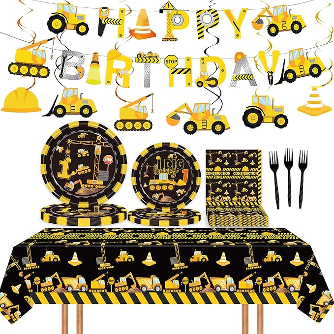 2 Pieces Construction Table Cloth 54 x 108 Inch Dump Truck Table Covers for Construction Theme Boys Baby Shower 1st 2nd 3rd 4th Birthday Party Supplies Table Decorations Favors