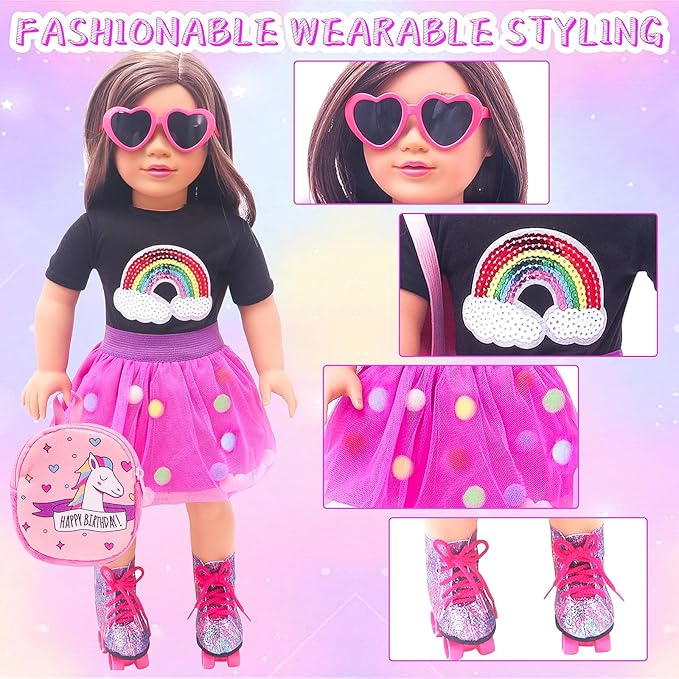 American 18 Inch Doll Accessories Travel Set Including Suitcase Luggage and Dress, Camera Computer Phone Neck Pillow Sunglasses Dolls Travel Gear Play Set Gift for Birthday (NO Doll)