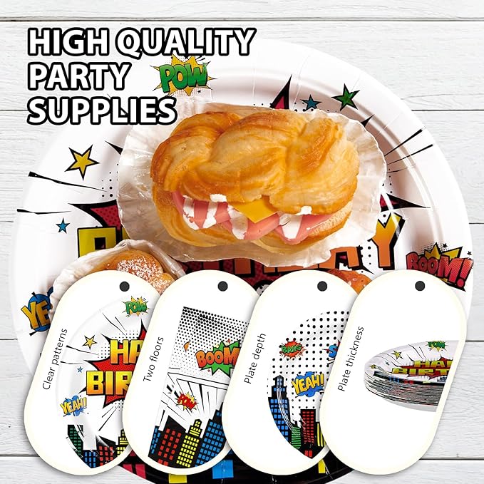 Grencian 96Pcs Super Theme Hero Party Supplies White Comic Hero Plates and Napkins Hero's Action Sign Cityscape Tableware Sets for Kids Baby Shower Hero Spider themed Party Decorations Favors Serve 24