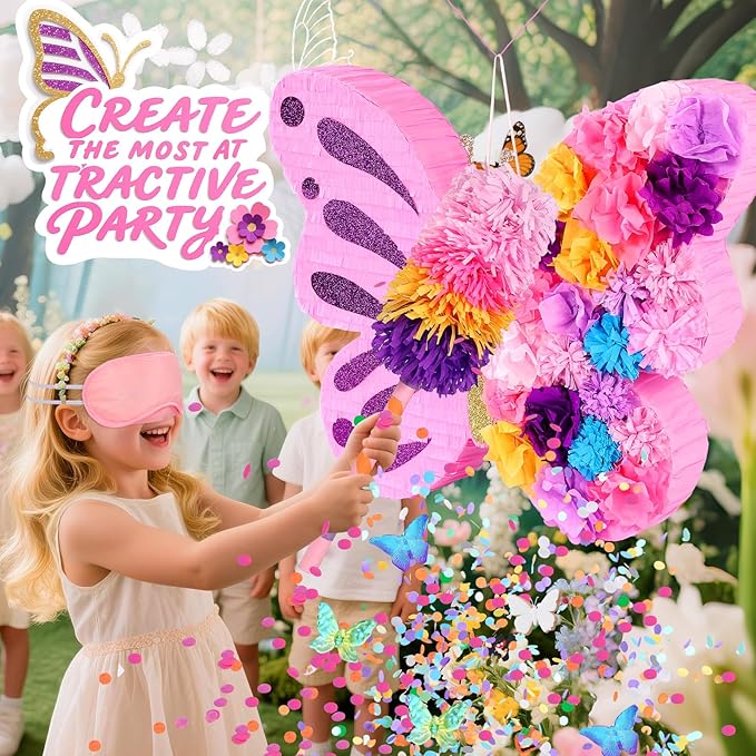 27" Extra Large Butterfly Pinata with Stick and Blindfold for Themed Party Decoration, Spring Party Supplies