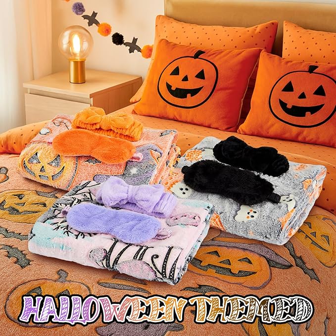 18 Pcs Sleepover Party Supplies, 6 Glow in The Dark Unicorn Blanket 6 Coral Fleece Headband 6 Plush Eye Mask Covers for Sleeping Slumber Sleepover Spa Party Gift (Ghost)