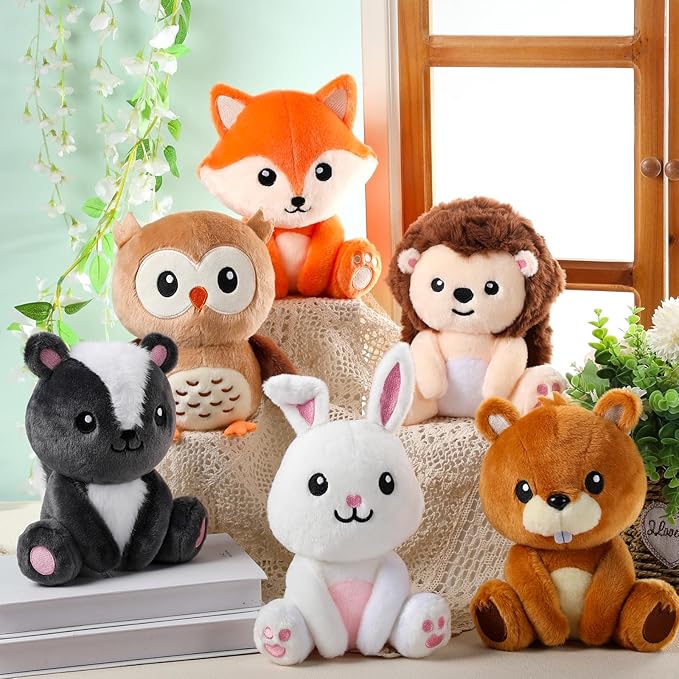 6 Pcs Safari Animals Toys 7 Inch Owl Rabbit Fox Beaver Hedgehog Skunk Large Stuffed Animals Bulk for Woodland Baby Showers Party Decor Birthday Gifts Classroom Teacher Student Awards