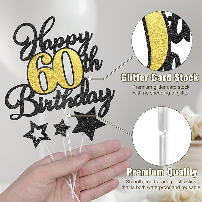 Happy 60th Birthday Cake Toppers, Black Gold Glitter Cake Decorations Set, 60th Birthday Decor for Men Women, Birthday Anniversary Party Decorations Supplies