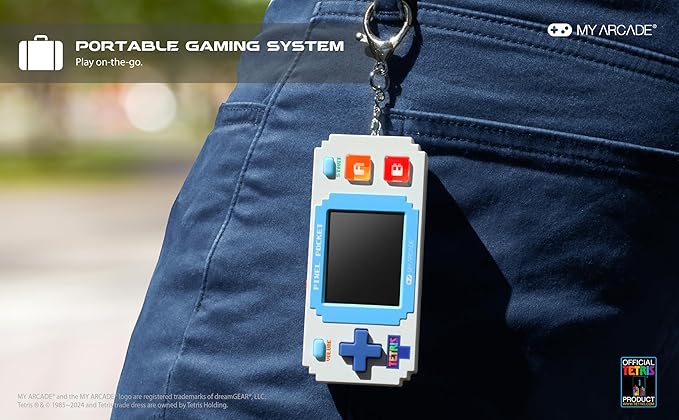 Tetris Pixel Player: Officially Licensed Tiny Tetris Video Game, Strategic Puzzle Game with 10 Bonus Games, Portable Keychain Arcade, Games for Kids and Adults