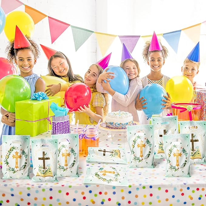 50Pcs Cross Party Favor Bag Baptism First Communion Waterproof Goodie Bag with Die Cut Handles God Bless Church Religious Plastic Gift Bags for Kids Birthday Baby Shower Decoration Supplies