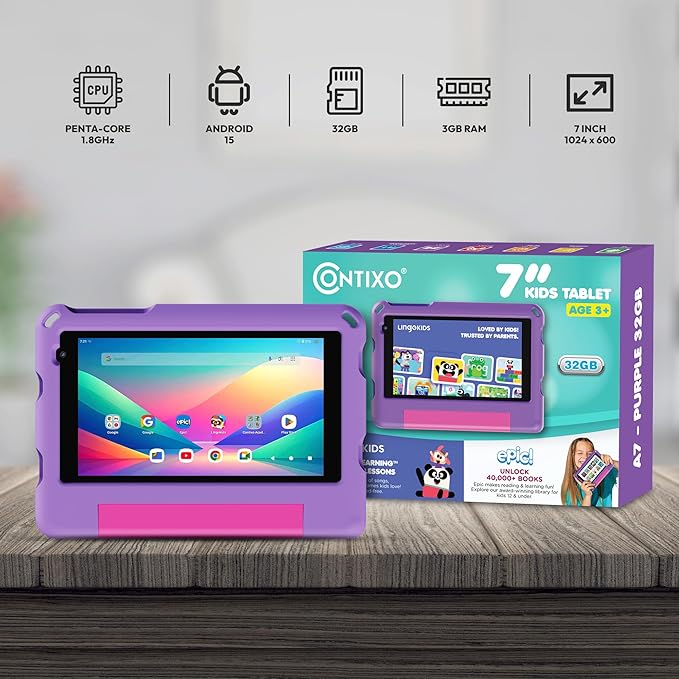 Contixo A7 Kids Tablet with 14 Apps, Lingokids & Epic, 7" HD Screen, Android 15, Parental Controls, WiFi, 3+32GB Storage, al Tablet for Kids Ages 3-12, Boys & Girls Gift, Purple