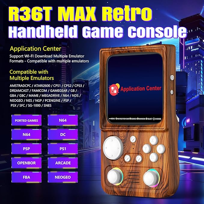 R36TMAX Retro Gaming Console, 4.0'' IPS Screen, Retro Handheld Game Console with 18000+ Classic Games Supports WiFi Networked Fighting and OTG, 4000mAh Battery, with Portable Case(Wood Brown 64GB)