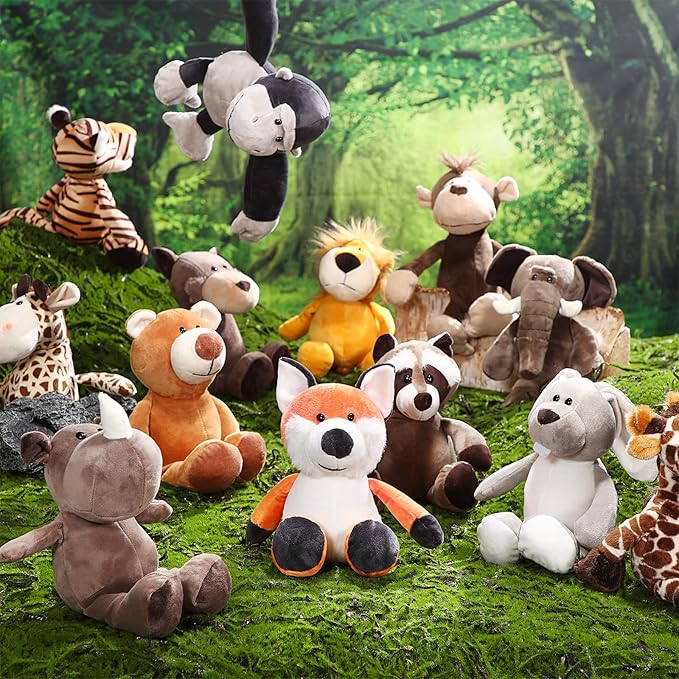 Lenwen 24 Pcs Safari Stuffed Animals Set 10 Inch Jungle Plush Animals Bulk Lion Elephant Giraffe Zebra Panda Soft Stuffed Toys for Jungle Party Favors, VBS Prizes Rewards Gifts