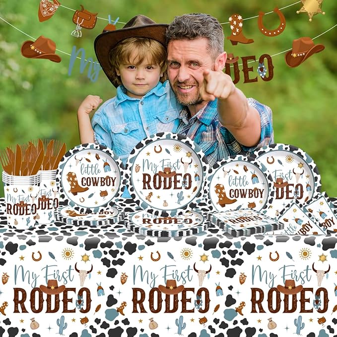 My First Rodeo Birthday Party Supplies Boy-142Pcs Western Cowboy Tableware 1st Rodeo Birthday Party Decorations Blue My First Rodeo Baby Shower Dinnerware for Boy