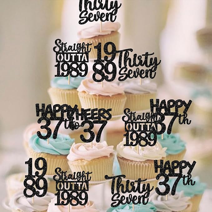 30PCS Black 37th Birthday Cupcake Toppers Glitter Thirty Seven Happy 37th Straight Outta 1989 Cupcake Picks for Cheers to 37 Years Birthday Wedding Anniversary Party Cake Decorations Supplies