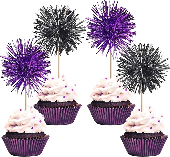 40 PCS Foil Firework Cupcake Toppers Sparkle Tinsel Cupcake Picks Fireworks Birthday Party Decorations Cocktail Fruit Toothpick for Birthday Wedding Graduation Party Decorations Supplies Black Purple