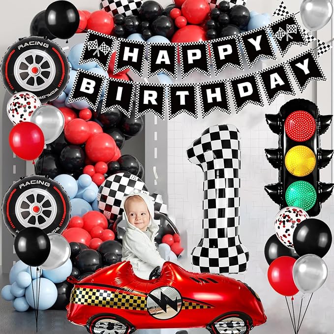 Race Car Birthday Party Decorations, with 40 Inch Number 1 Balloon, Happy Birthday Banner, Traffic Light and Foil Tire Balloon for 1st Car Themed Birthday Party Supplies